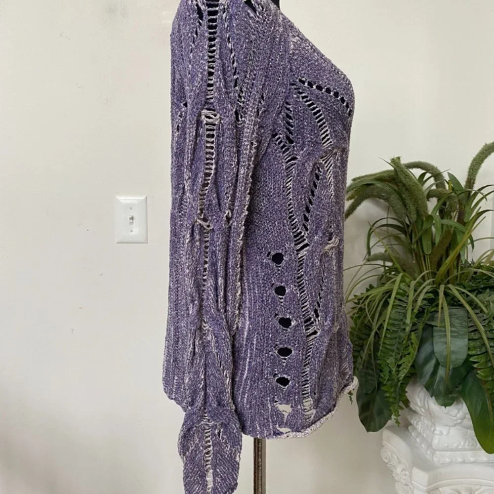 Free People Sweater Perforated Boho Purple Crochet Knit Cotton‎ Blend S
